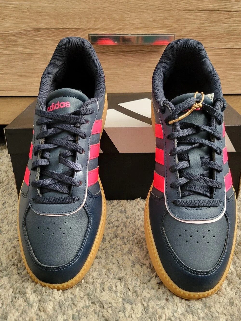 Adidas Navy Blue Sneakers with Pink Stripes and Gum Sole Size:7